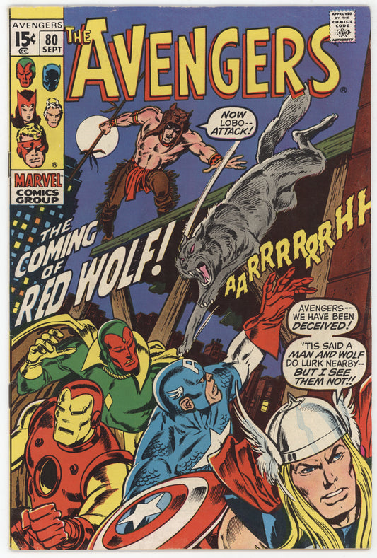 Avengers 80 Marvel 1970 FN VF Captain America Thor Iron Man 1st Red Wolf