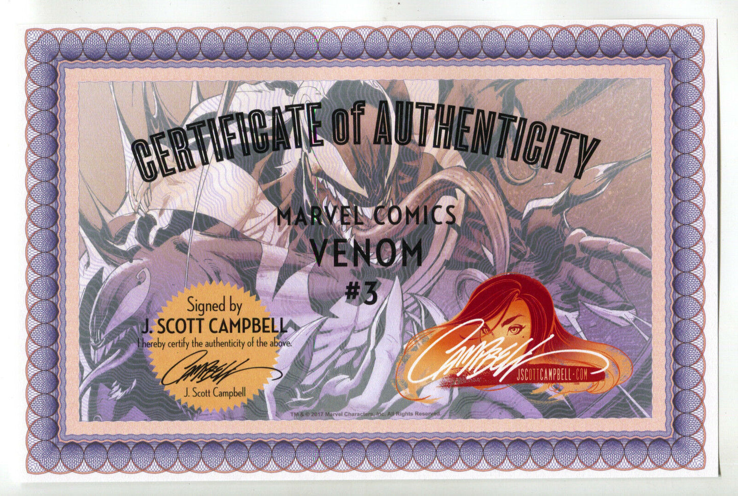 Venom 3 Marvel 2016 NM+ 9.6 1:100 Signed J Scott Campbell Variant COA