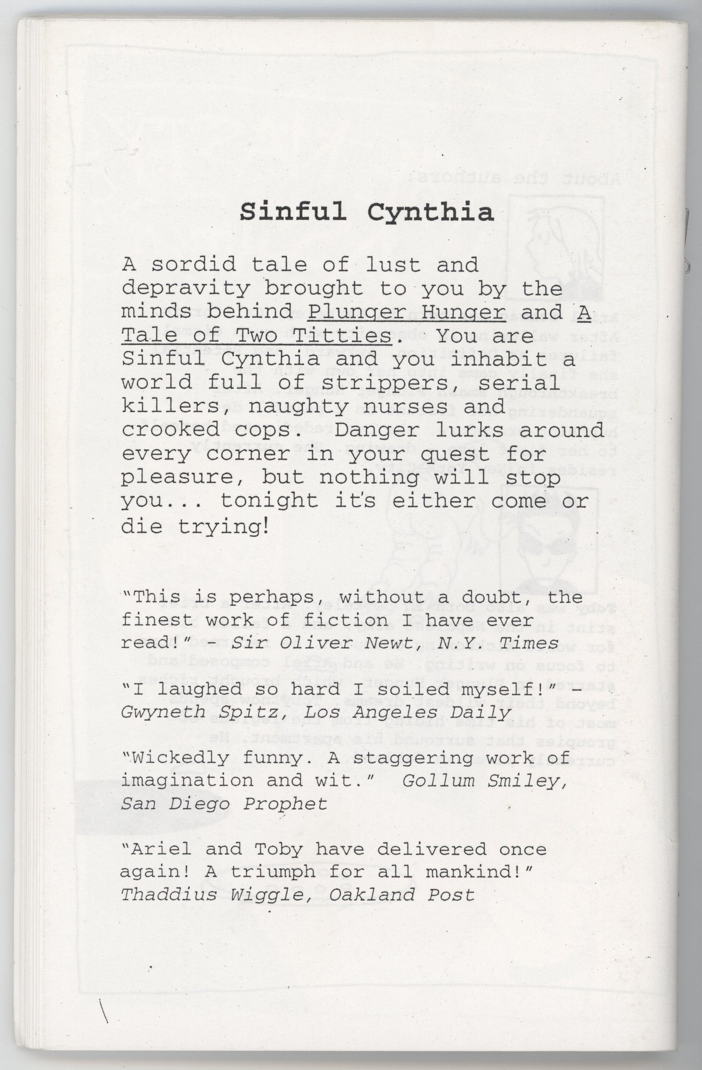 Sinful Cynthia Choose Your Own Adventure GN Zine 2001 1st Print Ariel Schrag GGA