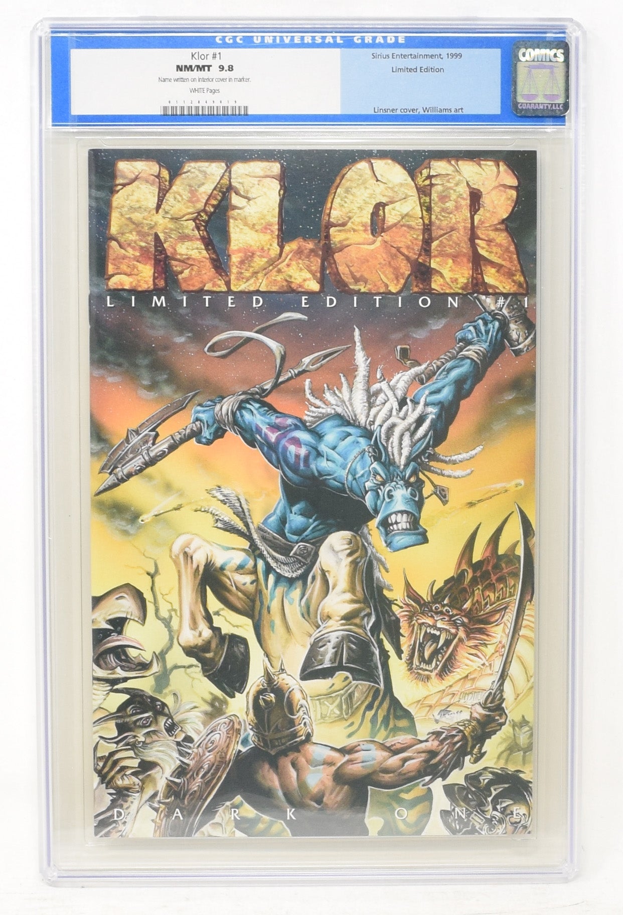 Klor 1 Sirius 1999 NM CGC 9.8 Joseph Michael Linser COA Signed Dark One