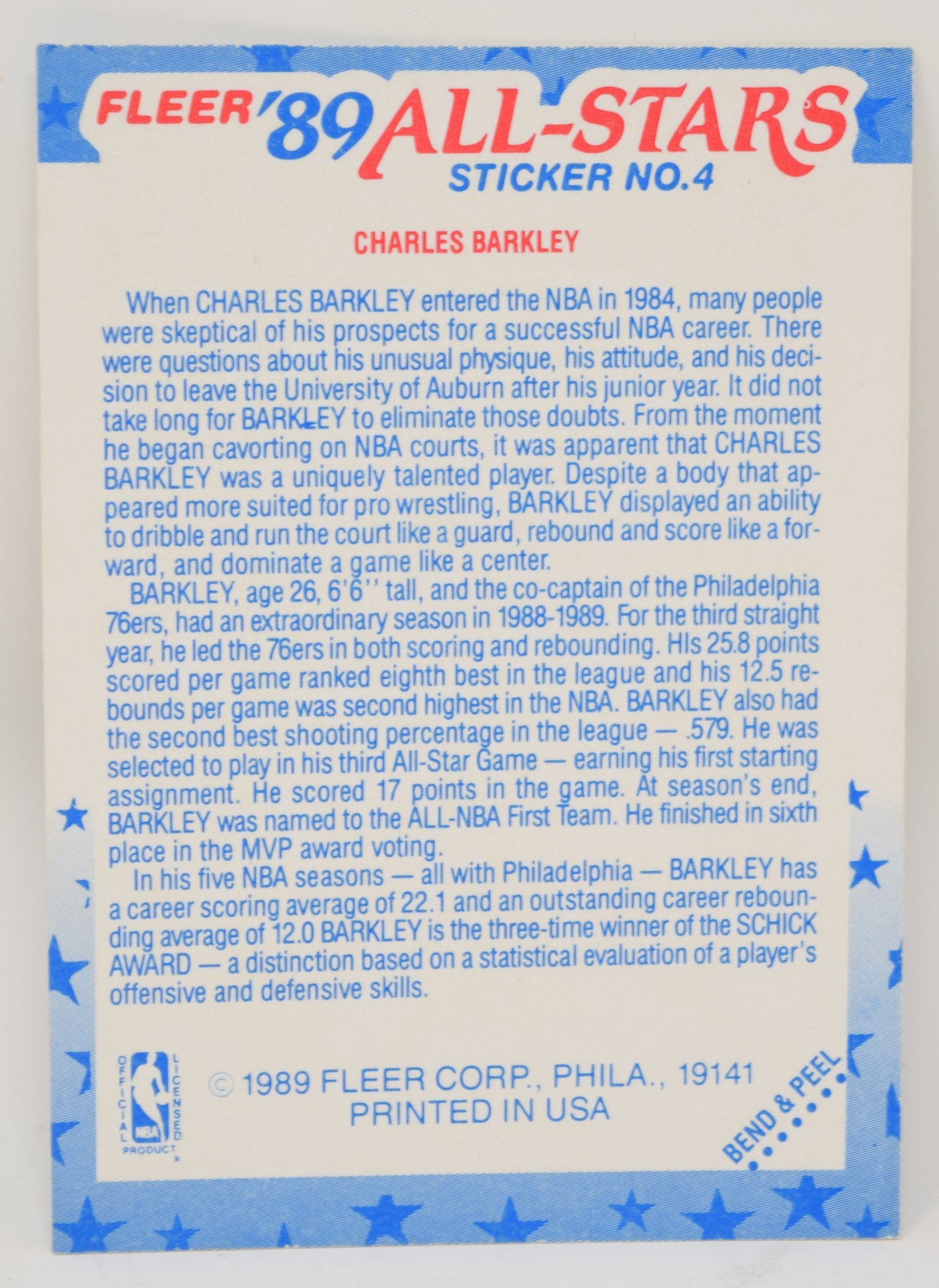 Charles Barkley Fleer All-Stars Sticker 1989-90 Basketball HOF Card 6