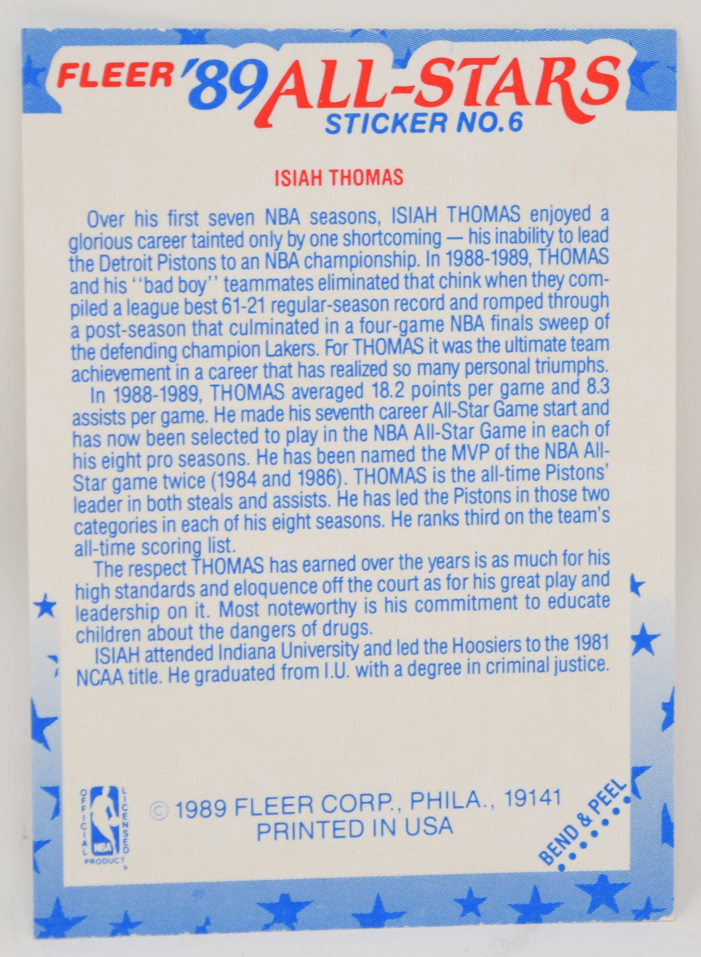 Isiah Thomas Fleer All-Stars Sticker 1989-90 Basketball HOF Card 6