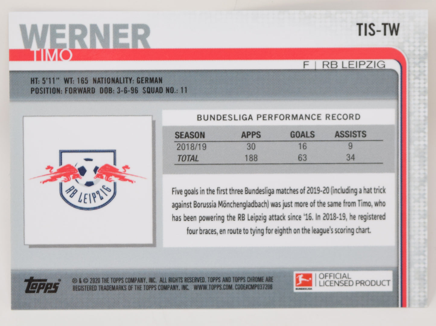 Timo Werner Topps Industry Conference Soccer Card TIS-TW