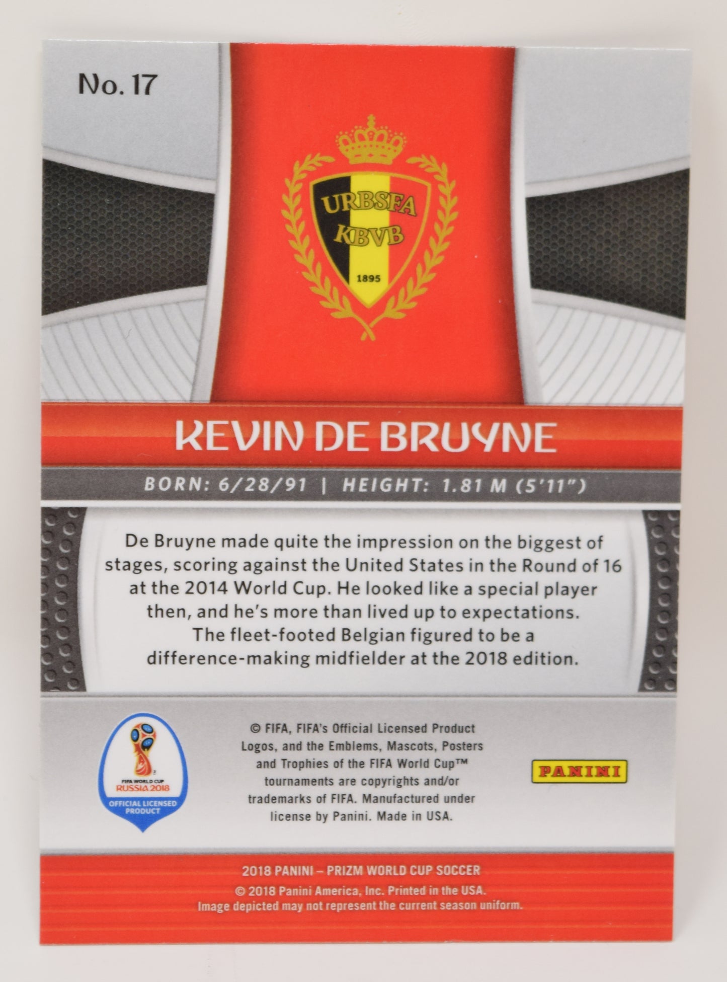 Kevin De Bruyne Beligum Panini Prizm 2018 World Cup Soccer Card 17