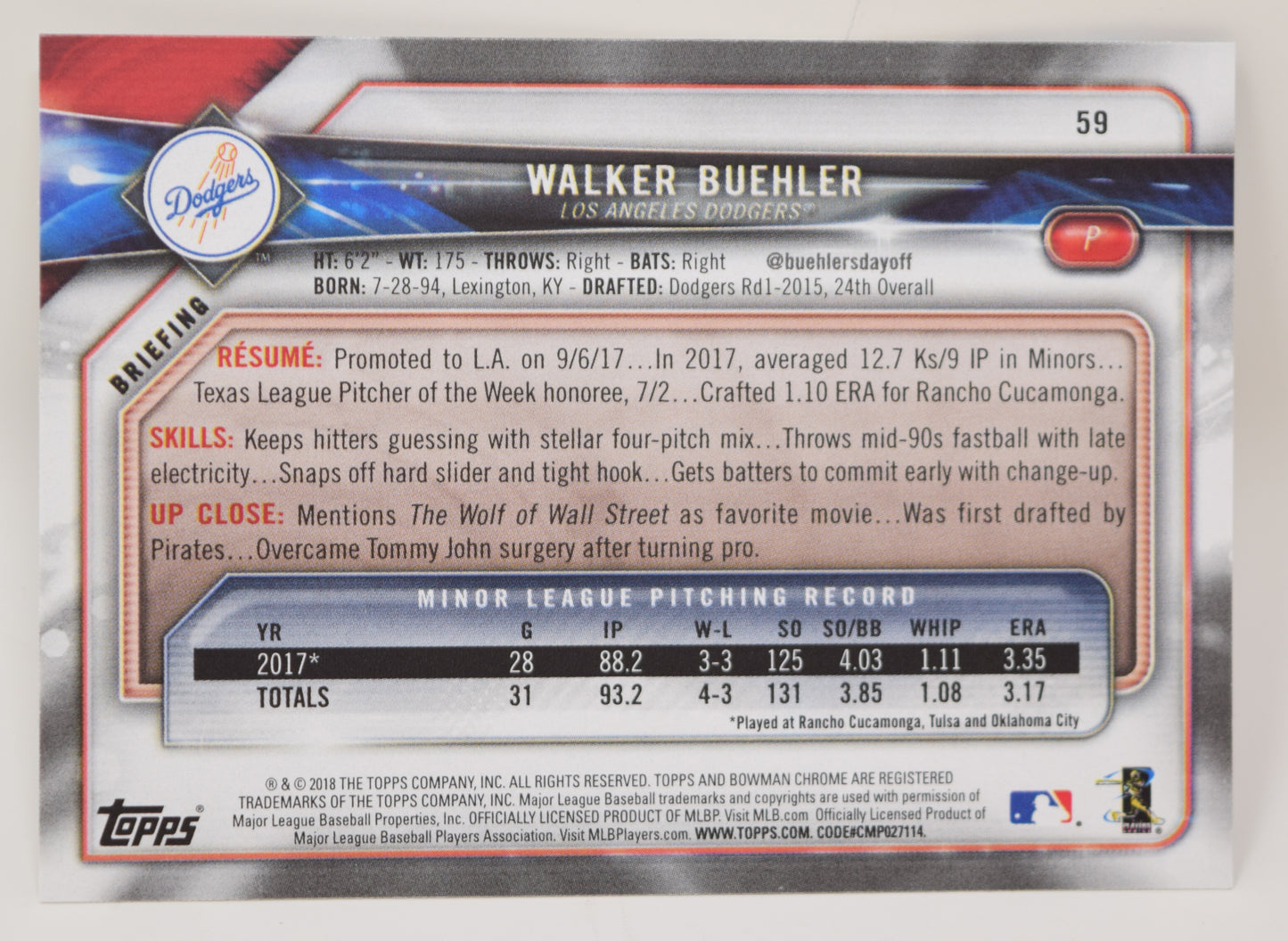 Walker Buehler Bowman 2018 Baseball RC Rookie Dodgers Card 59