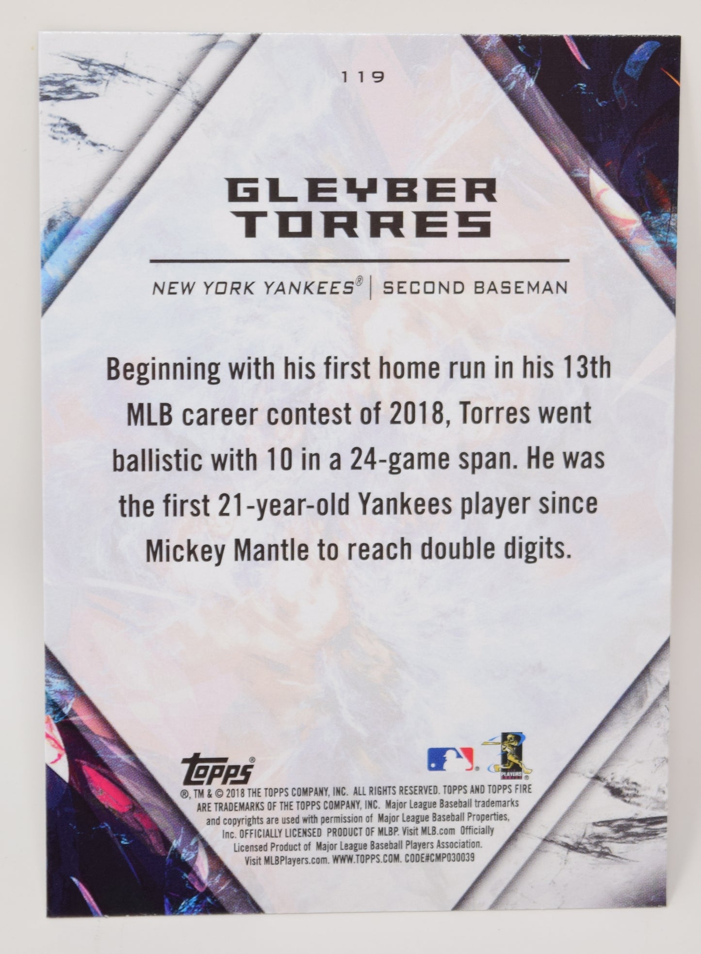 Gleyber Torres Topps 2018 Baseball Fire RC Rookie Card Yankees 119