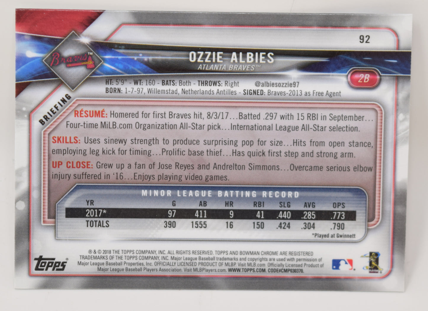 Ozzie Albies Bowman Chrome 2018 Baseball RC Rookie Card 92