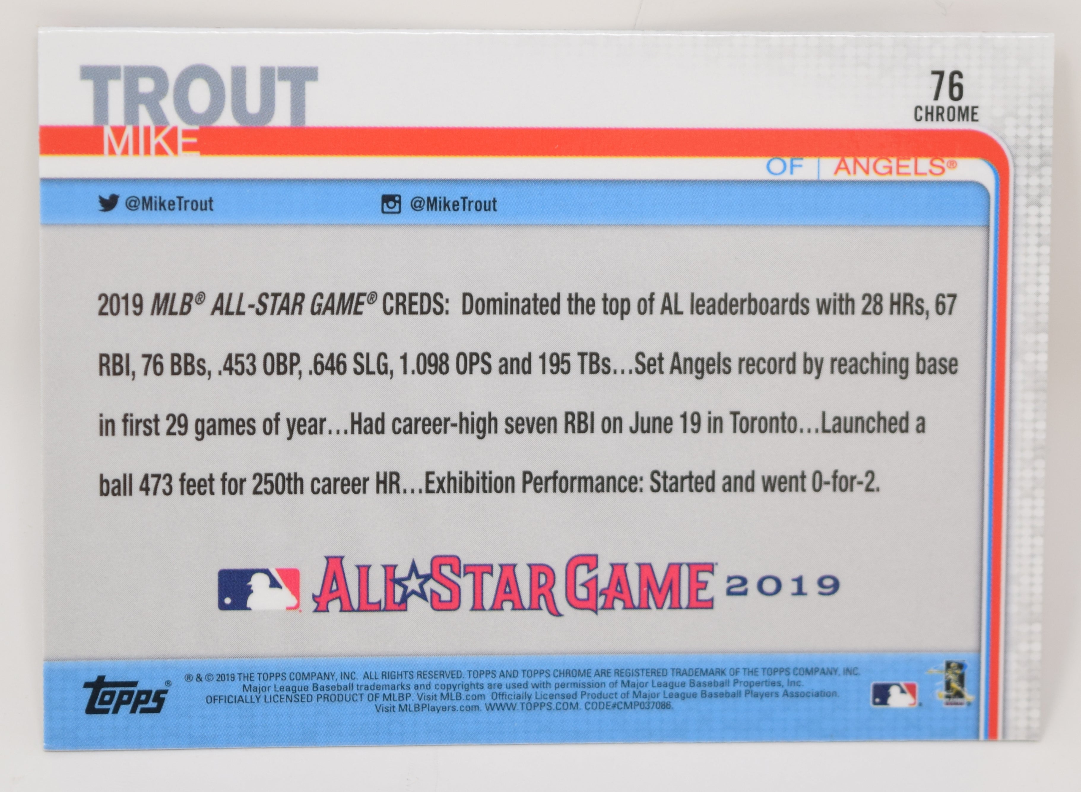 Mike Trout Topps Chrome 2019 Baseball Los Angeles Angels All Star Card 76