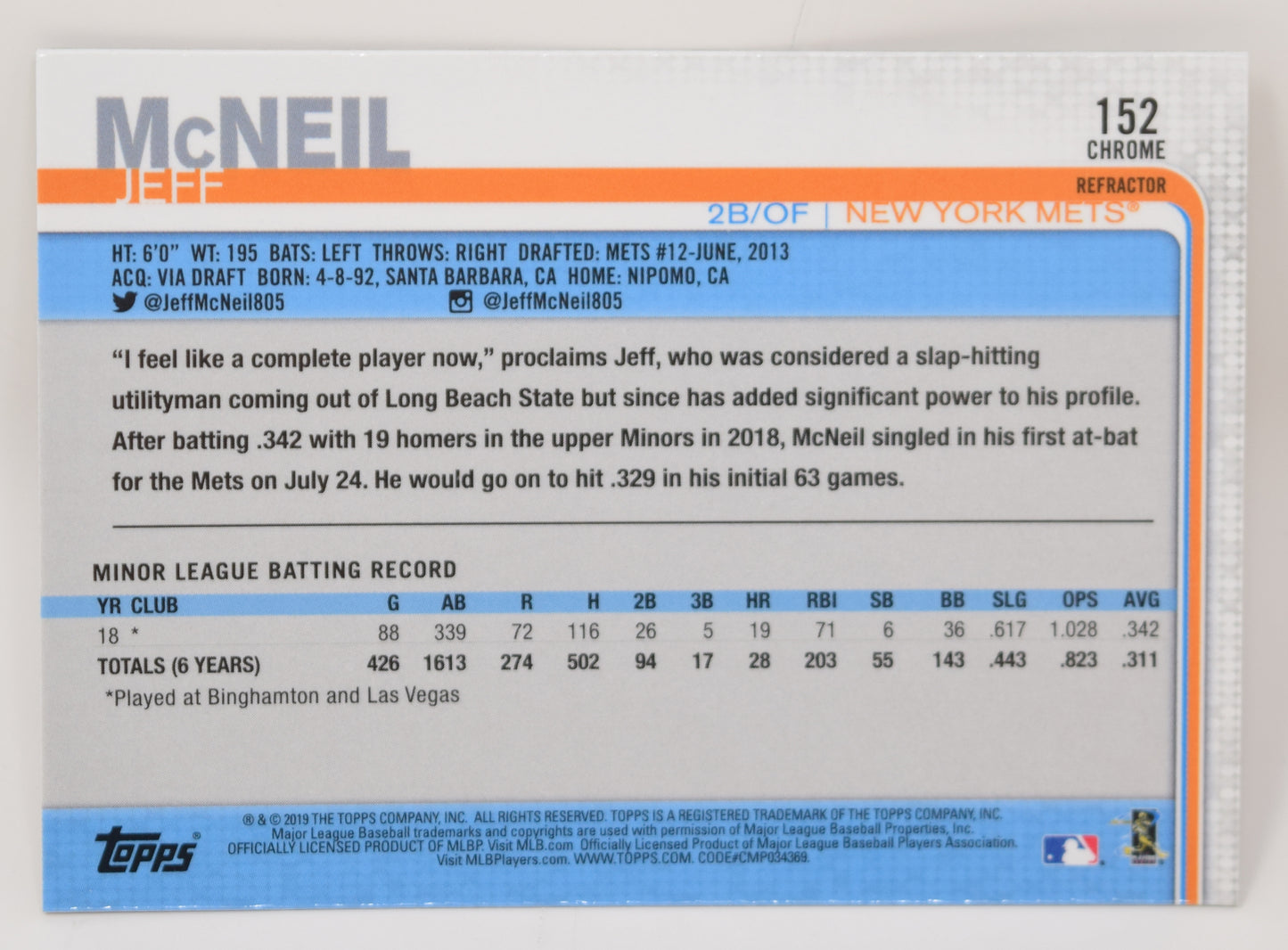 Jeff McNeil Topps Chrome 2019 Baseball RC Rookie Card NY Mets Sepia Refractor 152
