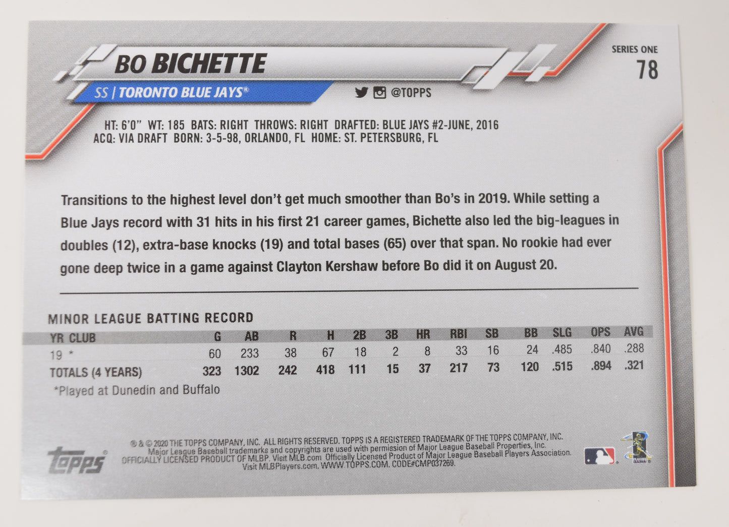 Bo Bichette Topps 2020 Baseball RC Rookie Blue Jays Card 78