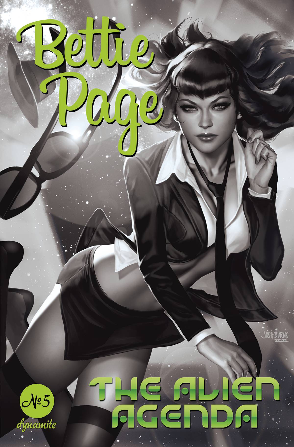 Bettie Page Alien Agenda #5 Q 1:11 Josh Burns B&W FOC Bonus Variant GGA (07/13/2022) Dynamite