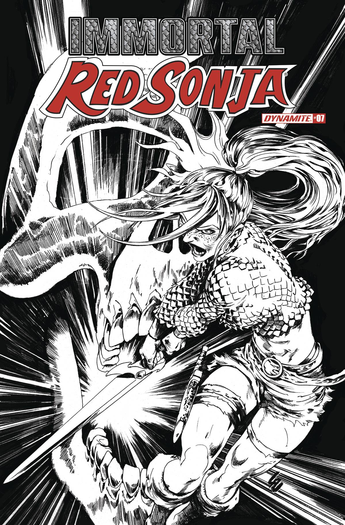 Immortal Red Sonja #7 P 1:7 Jonathan Lau B&W FOC Variant (10/19/2022) Dynamite