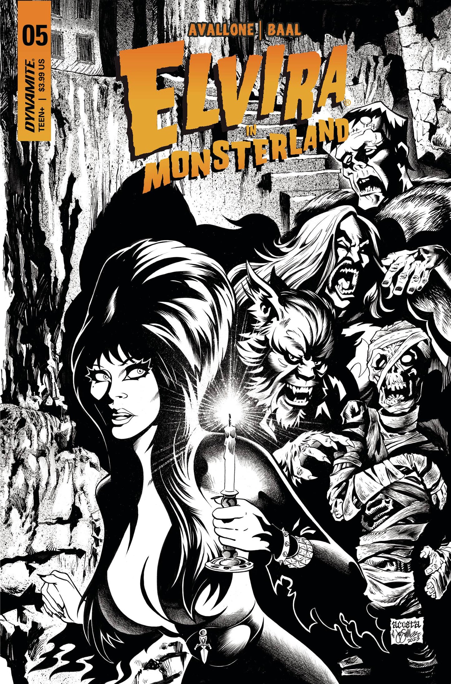 Elvira In Monsterland #5 K 1:7 Foc Dave Acosta B&W Variant (09/27/2023) Dynamite
